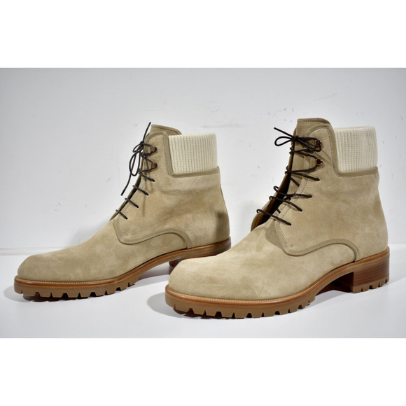 Christian Louboutin Trapman Flat Atlas Beige Suede Combat Lace Up Boot 44.5 11.5 - Picture 9 of 12
